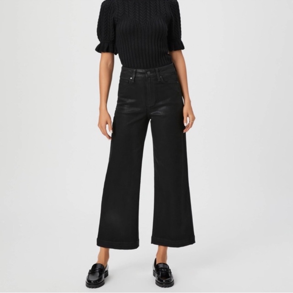 Paige Anessa Black Coated Wide Leg Jeans High Rise Cropped Women’s Size 32